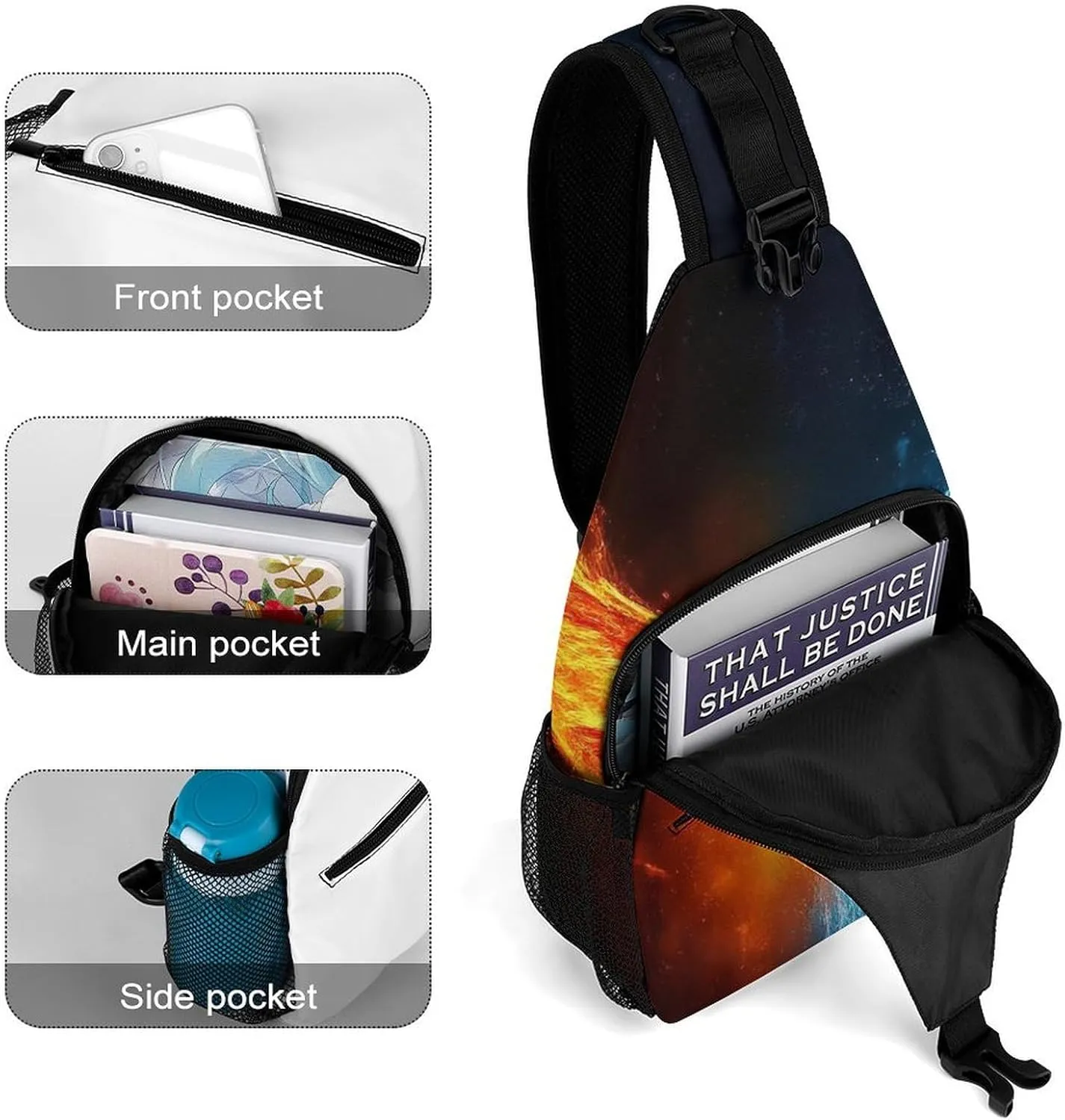 Casual Sling Bag for Men Women, Large Capacity Crossbody Bag Ice Water Fire Flame Bird Art Gym Shoulder Bag Travel Daypacks with Adjustable Strap