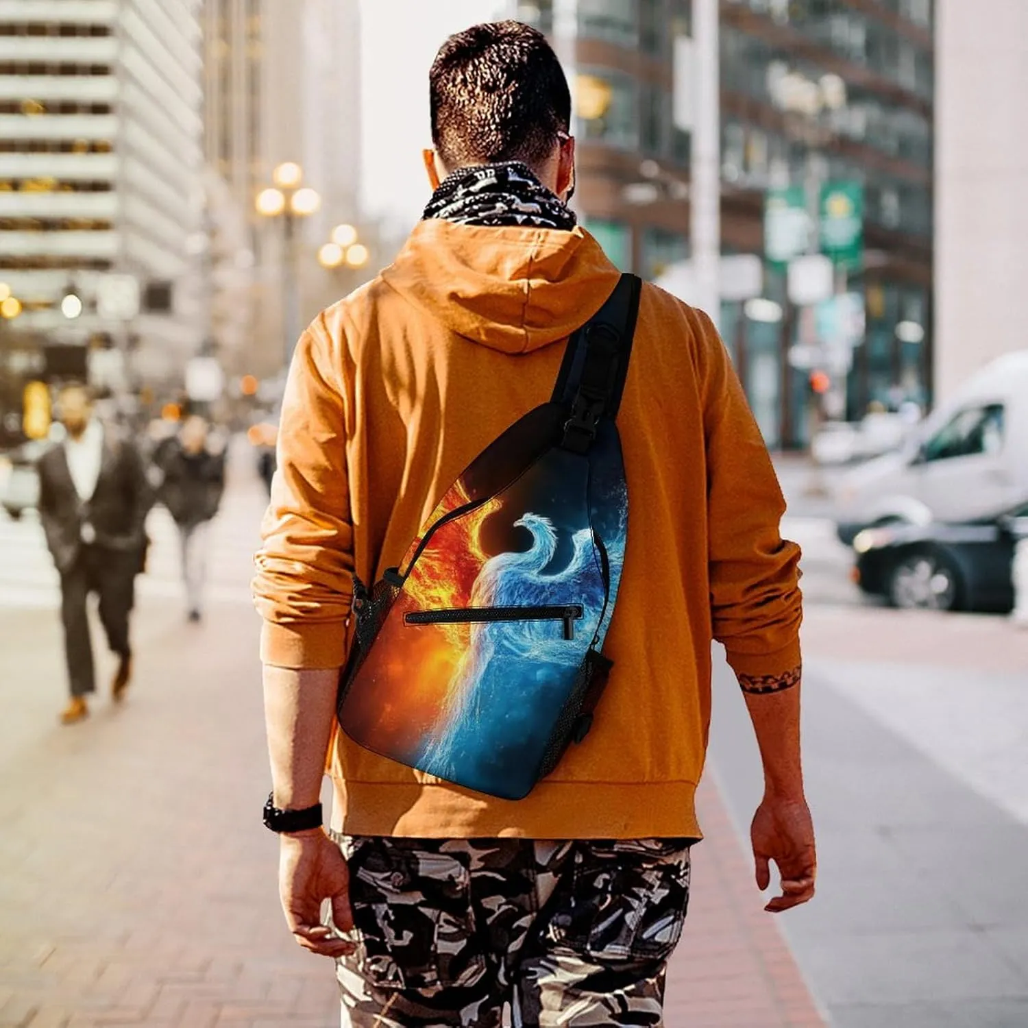 Casual Sling Bag for Men Women, Large Capacity Crossbody Bag Ice Water Fire Flame Bird Art Gym Shoulder Bag Travel Daypacks with Adjustable Strap