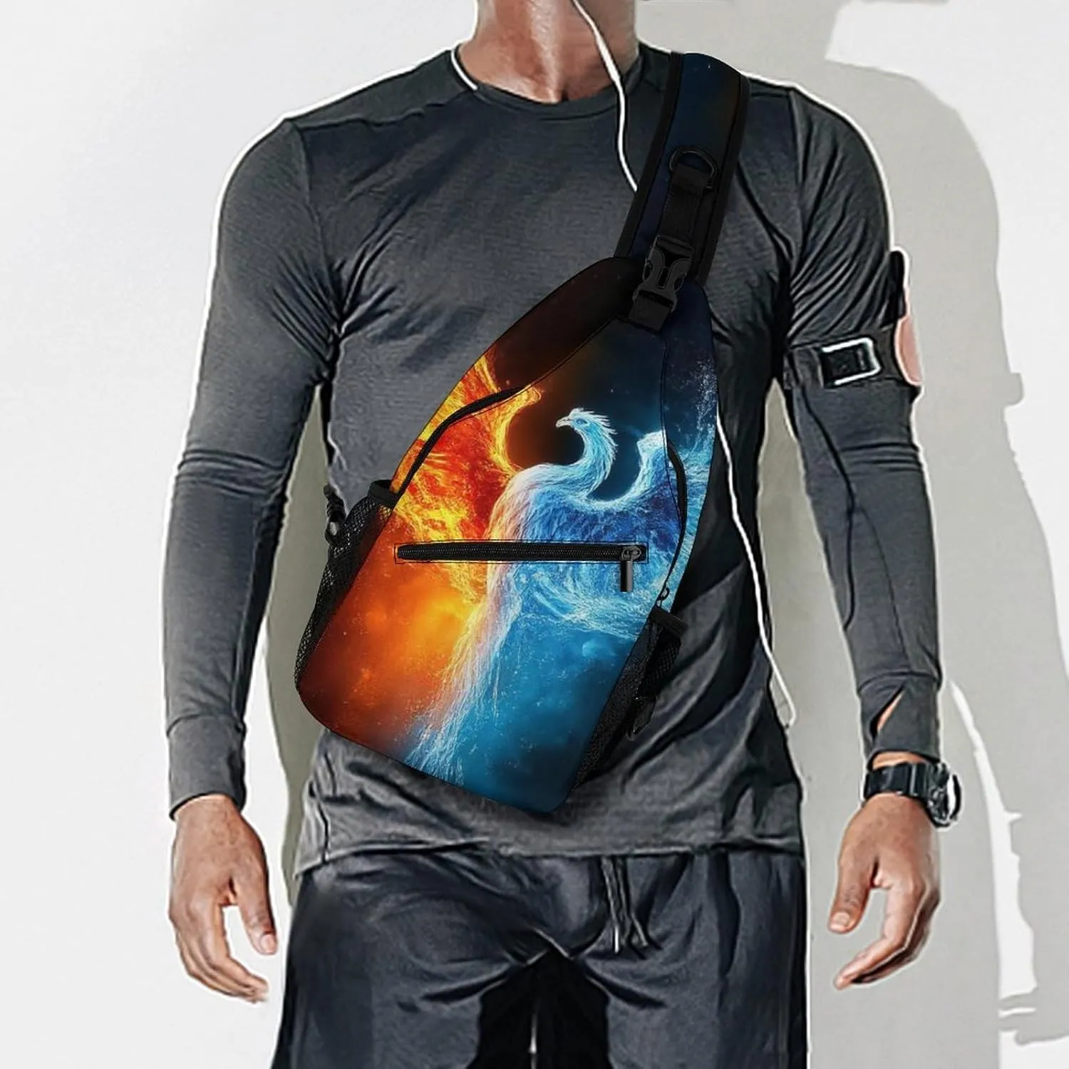 Casual Sling Bag for Men Women, Large Capacity Crossbody Bag Ice Water Fire Flame Bird Art Gym Shoulder Bag Travel Daypacks with Adjustable Strap