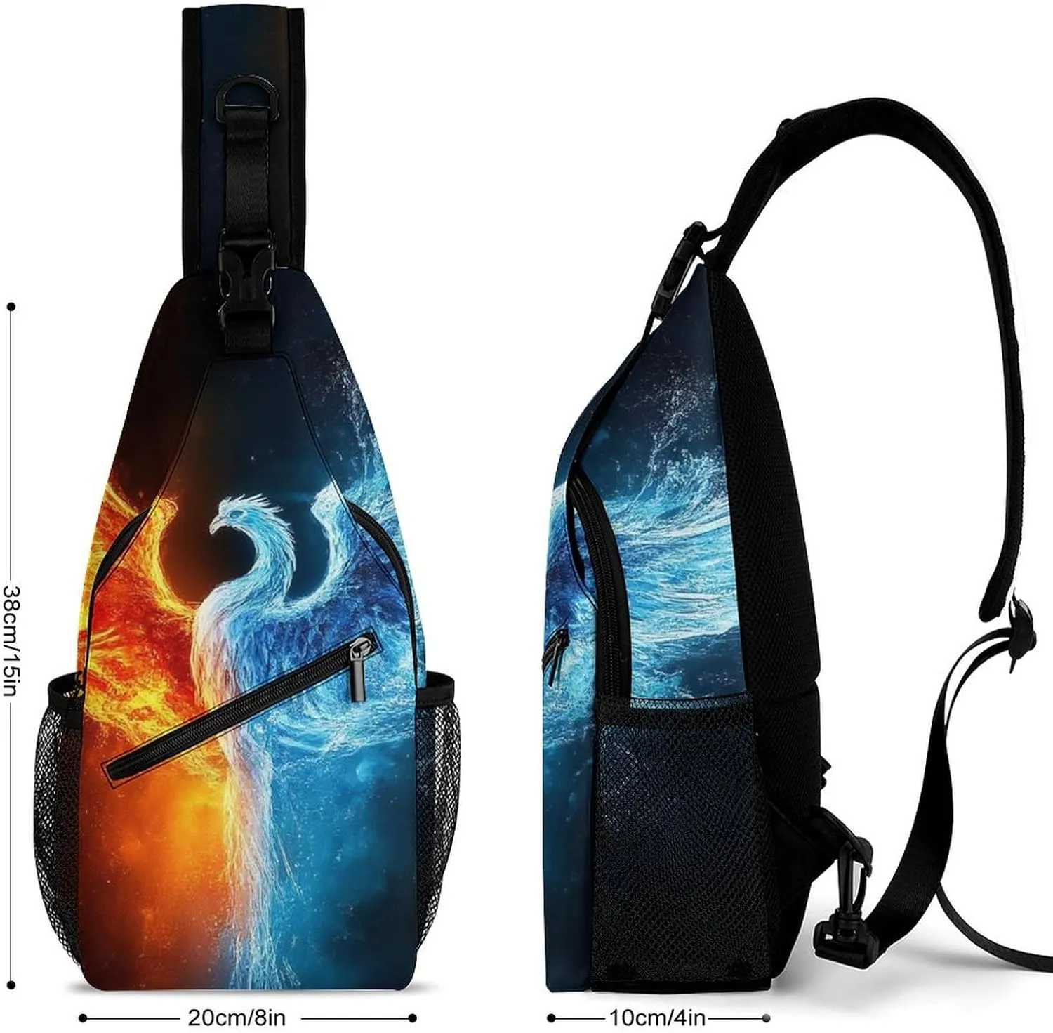 Casual Sling Bag for Men Women, Large Capacity Crossbody Bag Ice Water Fire Flame Bird Art Gym Shoulder Bag Travel Daypacks with Adjustable Strap