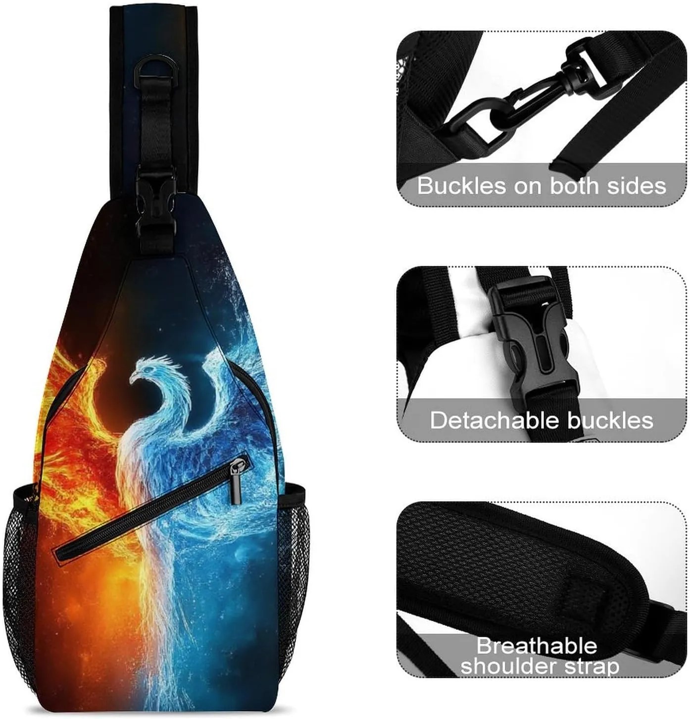 Casual Sling Bag for Men Women, Large Capacity Crossbody Bag Ice Water Fire Flame Bird Art Gym Shoulder Bag Travel Daypacks with Adjustable Strap