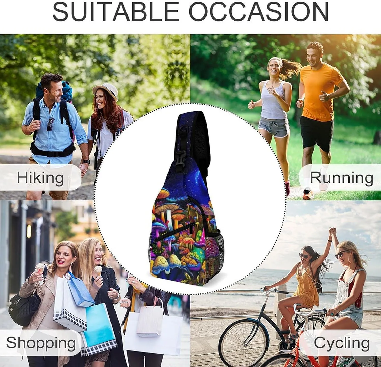 Casual Sling Bag for Men Women, Large Capacity Crossbody Bag Magic Mushroom Mushrooms Scenery Gym Shoulder Bag Travel Daypacks with Adjustable Strap