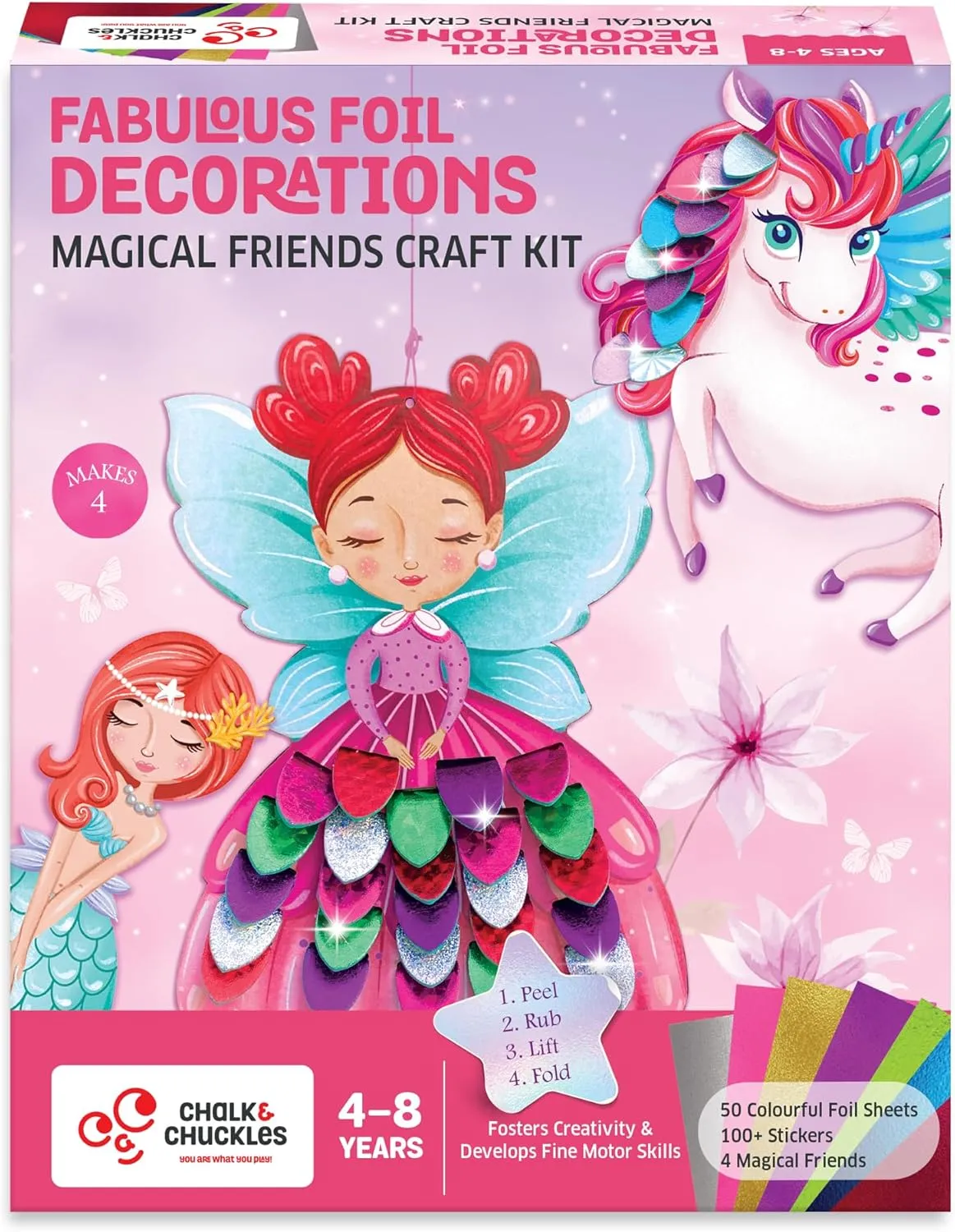 Chalk and Chuckles Foil Decorations Magical Friends – Create 3D Glittery Unicorn, Fairy, and Mermaid Crafts for Kids Ages 4 