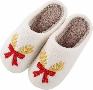 Christmas Santa Reindeer Slippers - Soft Plush Fuzzy Cozy House Slippers for Women Men Indoor Outdoor Shoes