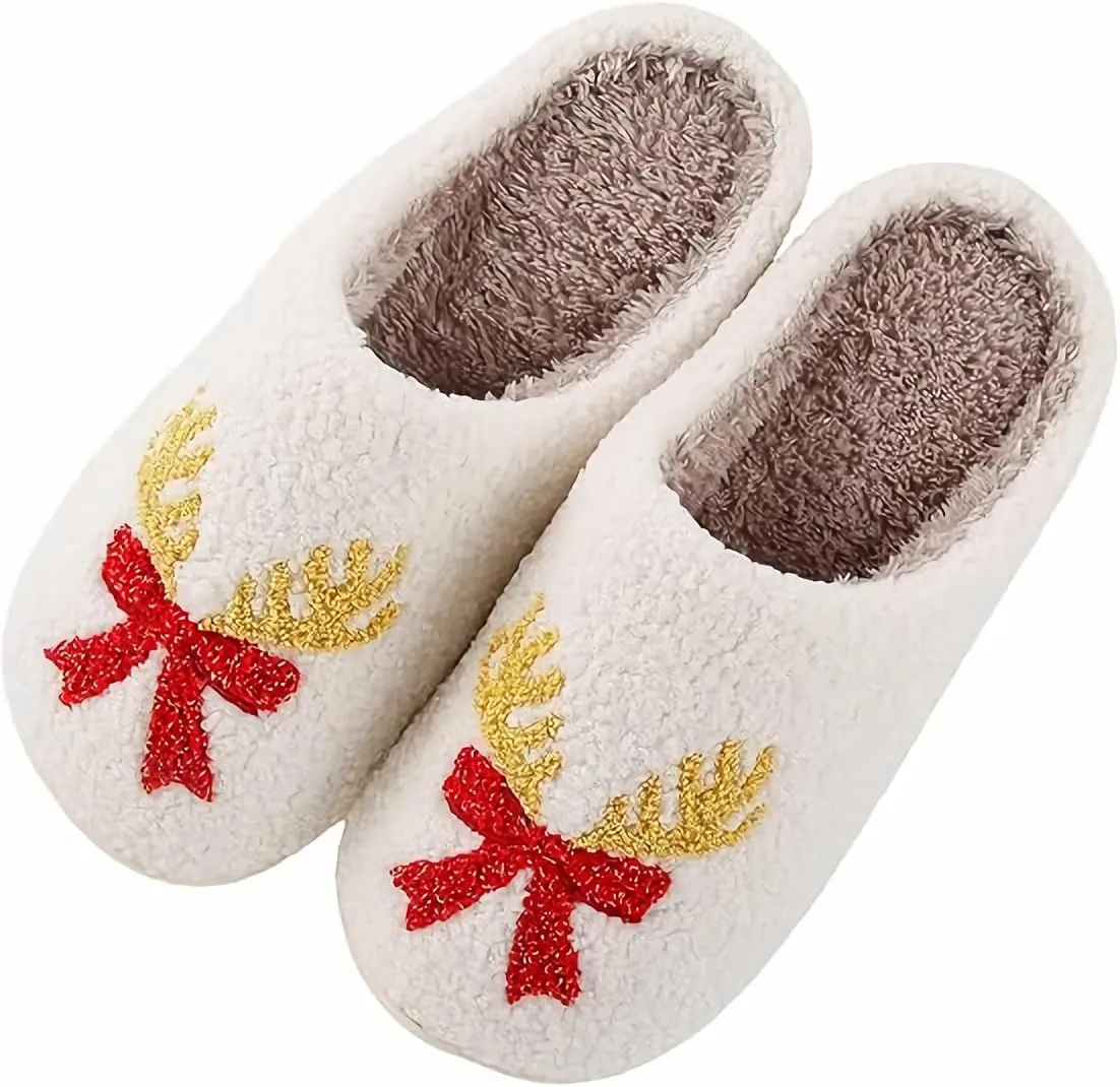Christmas Santa Reindeer Slippers - Soft Plush Fuzzy Cozy House Slippers for Women Men Indoor Outdoor Shoes