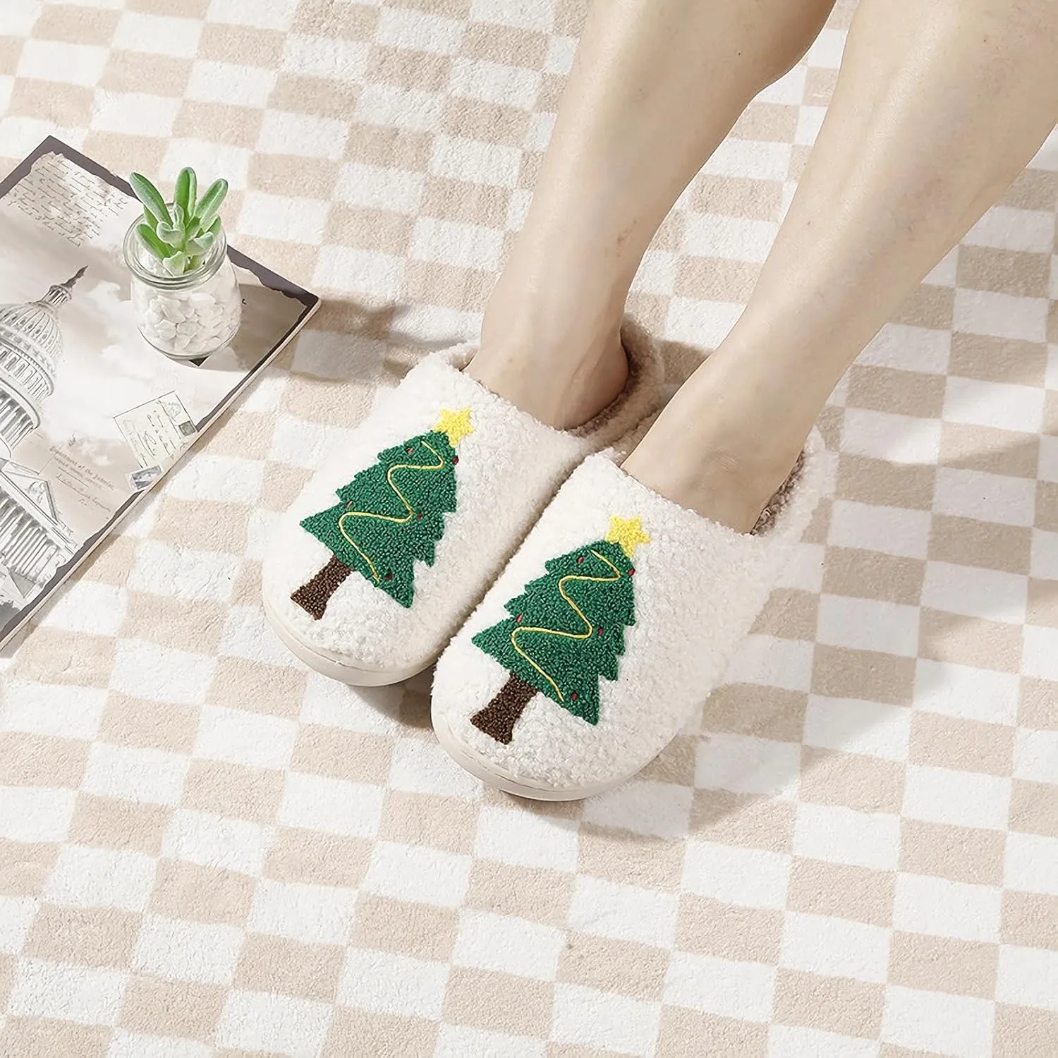 Christmas Santa Reindeer Slippers - Soft Plush Fuzzy Cozy House Slippers for Women Men Indoor Outdoor Shoes