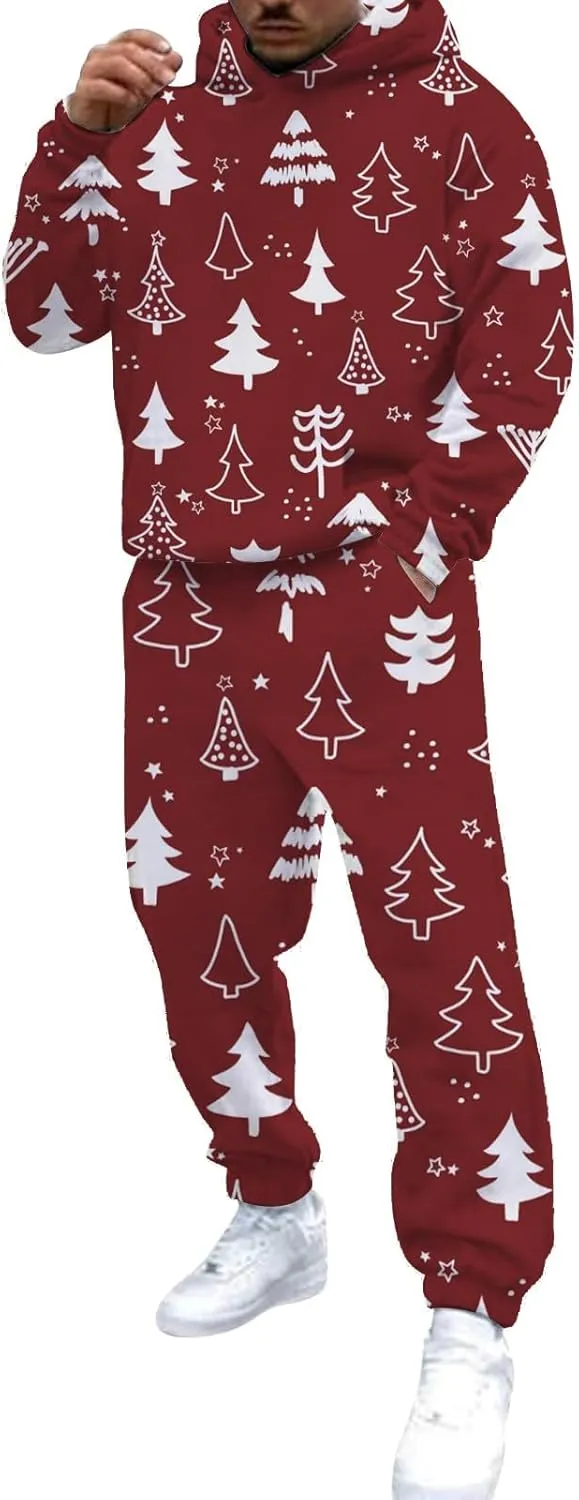 Christmas Tracksuit for Men 2 Piece Xmas Printed Long Sleeve Hooded Sweatshirt Long Pants Trendy Loose Winter Outfits