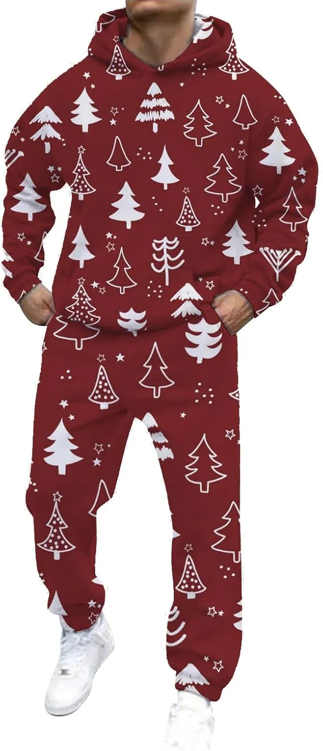 Christmas Tracksuit for Men 2 Piece Xmas Printed Long Sleeve Hooded Sweatshirt Long Pants Trendy Loose Winter Outfits