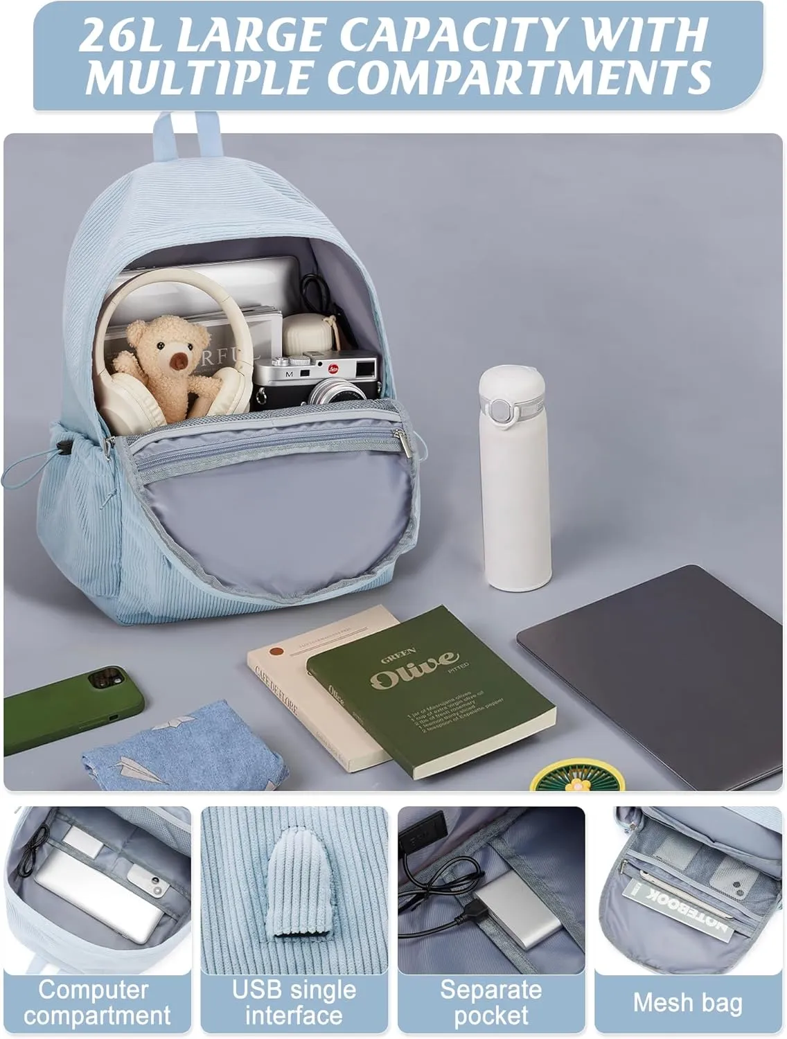 Classic Backpack For School Girls Boys Backpack with USB Charging Port College Back pack Lightweight Casual Daypacks Cute High School Bookbag for Students(Blue)