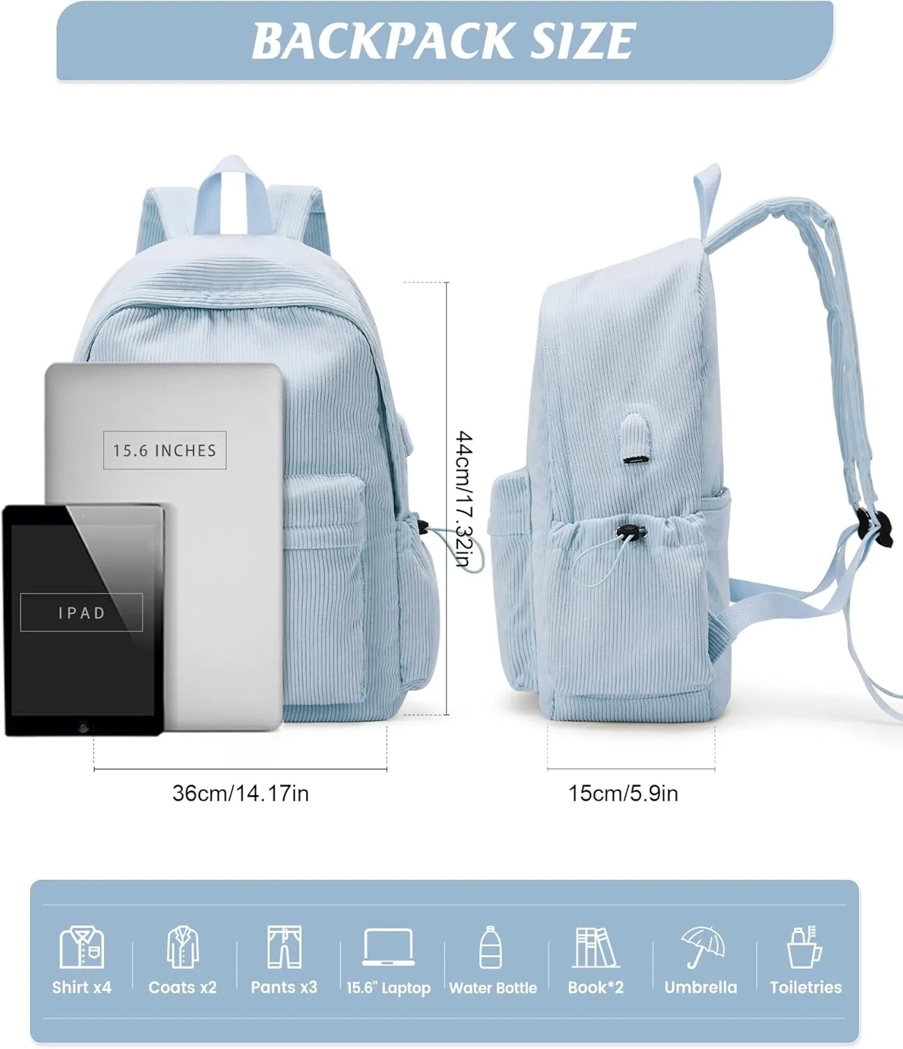 Classic Backpack For School Girls Boys Backpack with USB Charging Port College Back pack Lightweight Casual Daypacks Cute High School Bookbag for Students(Blue)