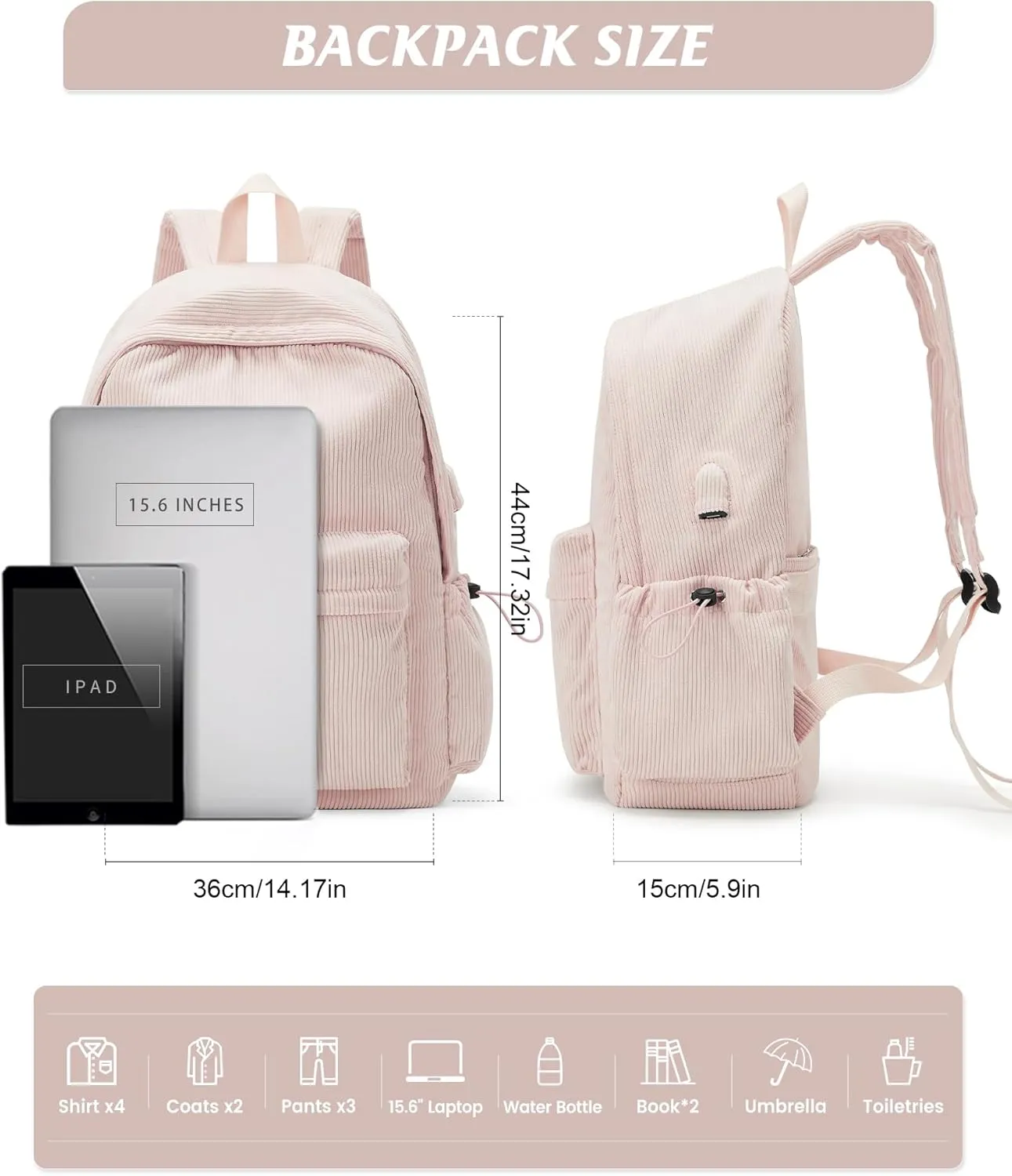 Classic Backpack For School Girls Boys Backpack with USB Charging Port College Back pack Lightweight Casual Daypacks Cute High School Bookbag for Students(Pink)