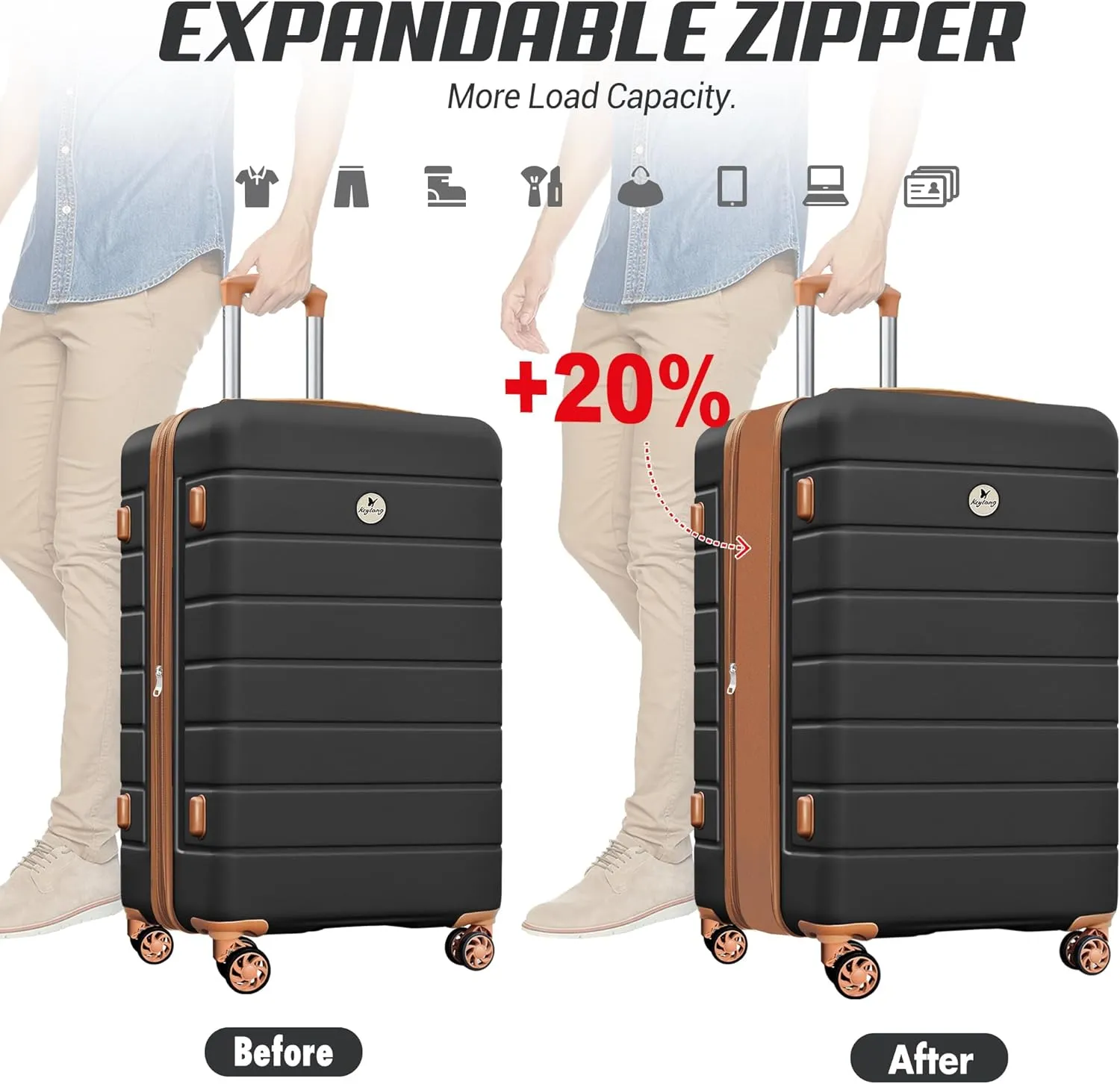 Classic Luggage Sets 5 Piece, Carry-On Luggage with Spinner Wheels, PC ABS Durable Lightweight Hardside Suitcase Set with TSA Lock, Bonus Travel Backpack & Makeup Bag, 20/24/28 inch, Apricot Black