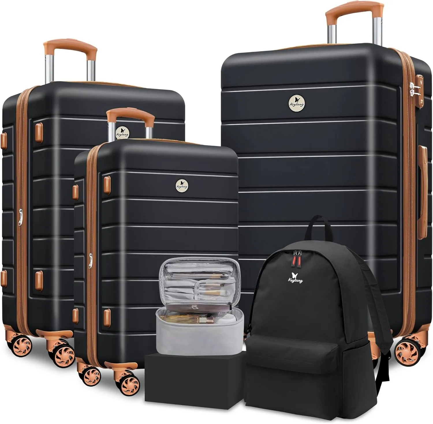 Classic Luggage Sets 5 Piece, Carry-On Luggage with Spinner Wheels, PC ABS Durable Lightweight Hardside Suitcase Set with TSA Lock, Bonus Travel Backpack & Makeup Bag, 20/24/28 inch, Apricot Black