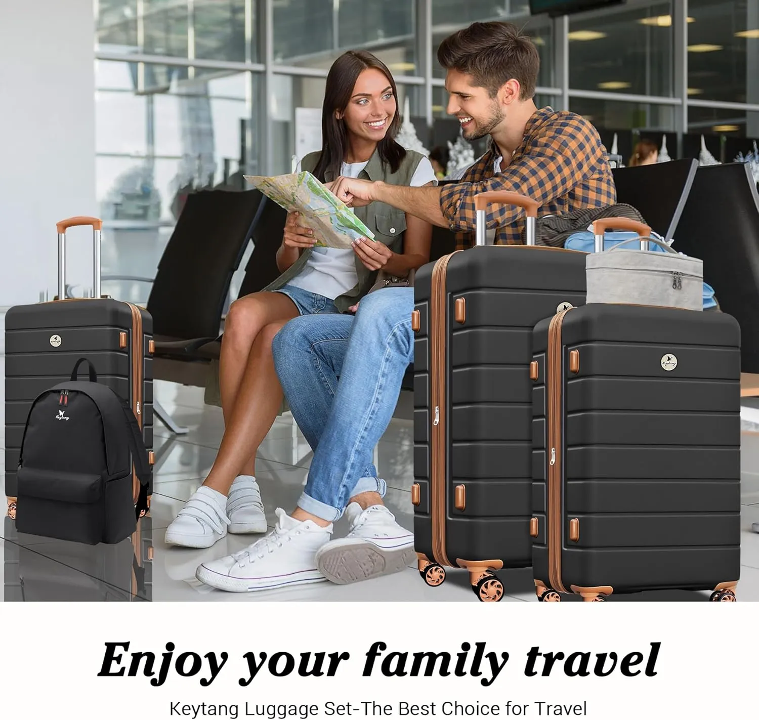 Classic Luggage Sets 5 Piece, Carry-On Luggage with Spinner Wheels, PC ABS Durable Lightweight Hardside Suitcase Set with TSA Lock, Bonus Travel Backpack & Makeup Bag, 20/24/28 inch, Apricot Black