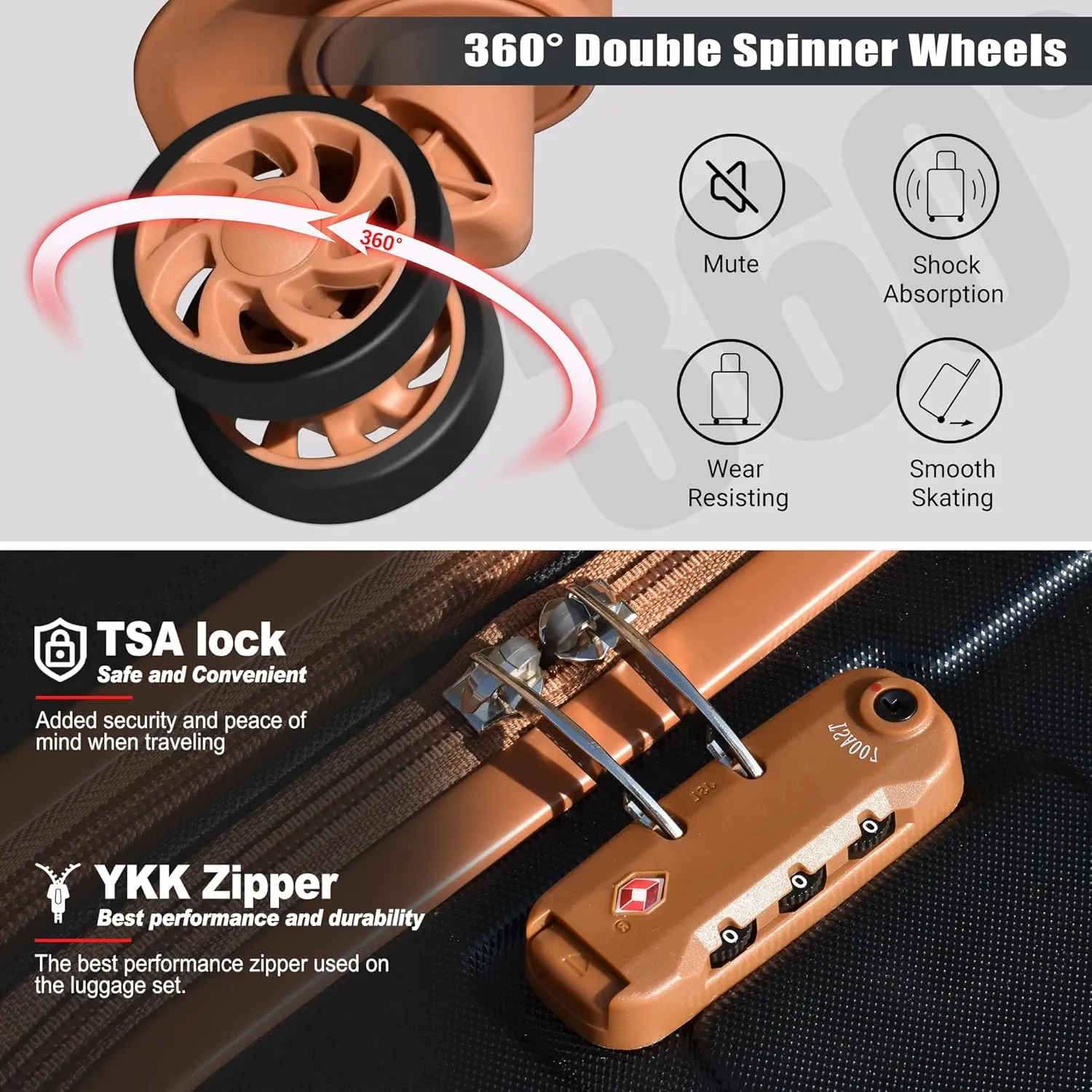 Classic Luggage Sets 5 Piece, Carry-On Luggage with Spinner Wheels, PC ABS Durable Lightweight Hardside Suitcase Set with TSA Lock, Bonus Travel Backpack & Makeup Bag, 20/24/28 inch, Apricot Black