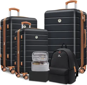 Classic Luggage Sets 5 Piece, Carry-On Luggage with Spinner Wheels, PC ABS Durable Lightweight Hardside Suitcase Set with TSA Lock, Bonus Travel Backpack & Makeup Bag, 20/24/28 inch, Apricot Black