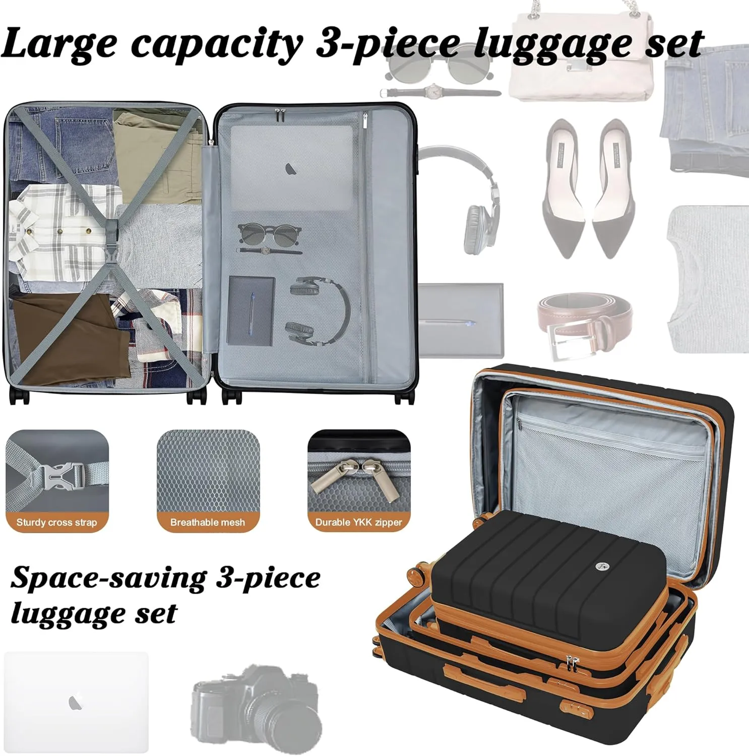 Classic Luggage Sets 5 Piece, Carry-On Luggage with Spinner Wheels, PC ABS Durable Lightweight Hardside Suitcase Set with TSA Lock, Bonus Travel Backpack & Makeup Bag, 20/24/28 inch, Apricot Black