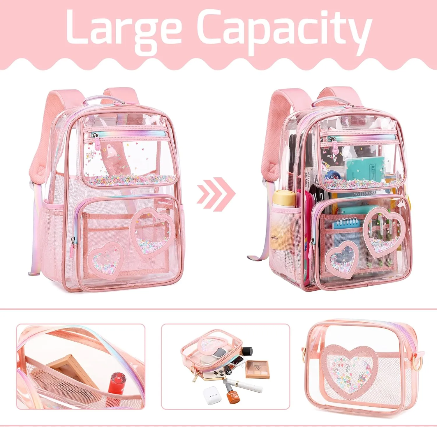 Clear Backpack for Girls,Transparent Backpacks Crossbody Bag for Kids Elementary School Student,Heavy Duty See Through Daypack 2PCS Bookbag Stadium Approved for Teen,College,Work,Travel,Concert Pink