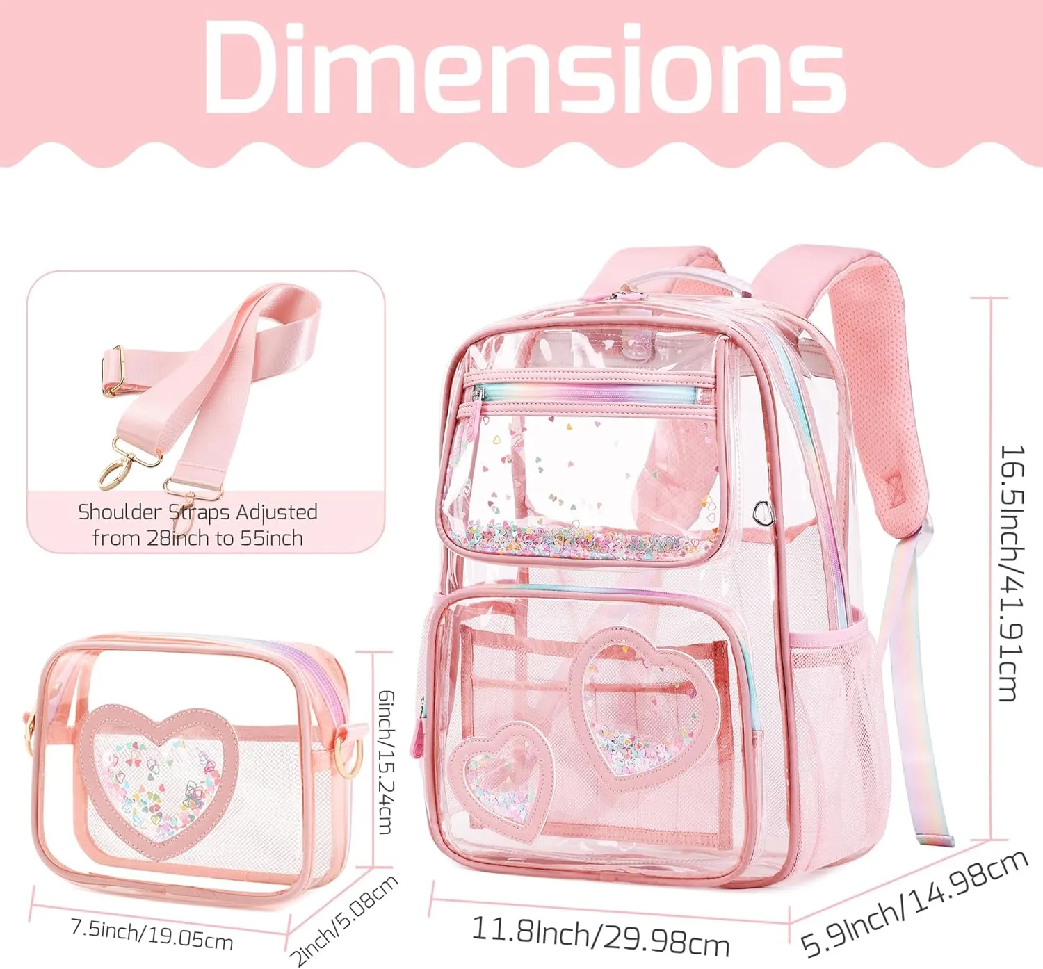 Clear Backpack for Girls,Transparent Backpacks Crossbody Bag for Kids Elementary School Student,Heavy Duty See Through Daypack 2PCS Bookbag Stadium Approved for Teen,College,Work,Travel,Concert Pink