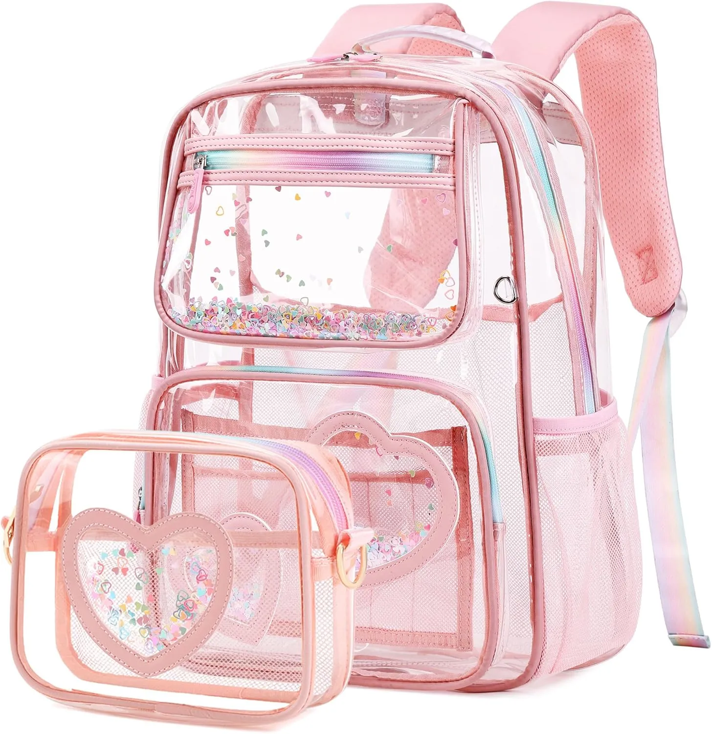 Clear Backpack for Girls,Transparent Backpacks Crossbody Bag for Kids Elementary School Student,Heavy Duty See Through Daypack 2PCS Bookbag Stadium Approved for Teen,College,Work,Travel,Concert Pink