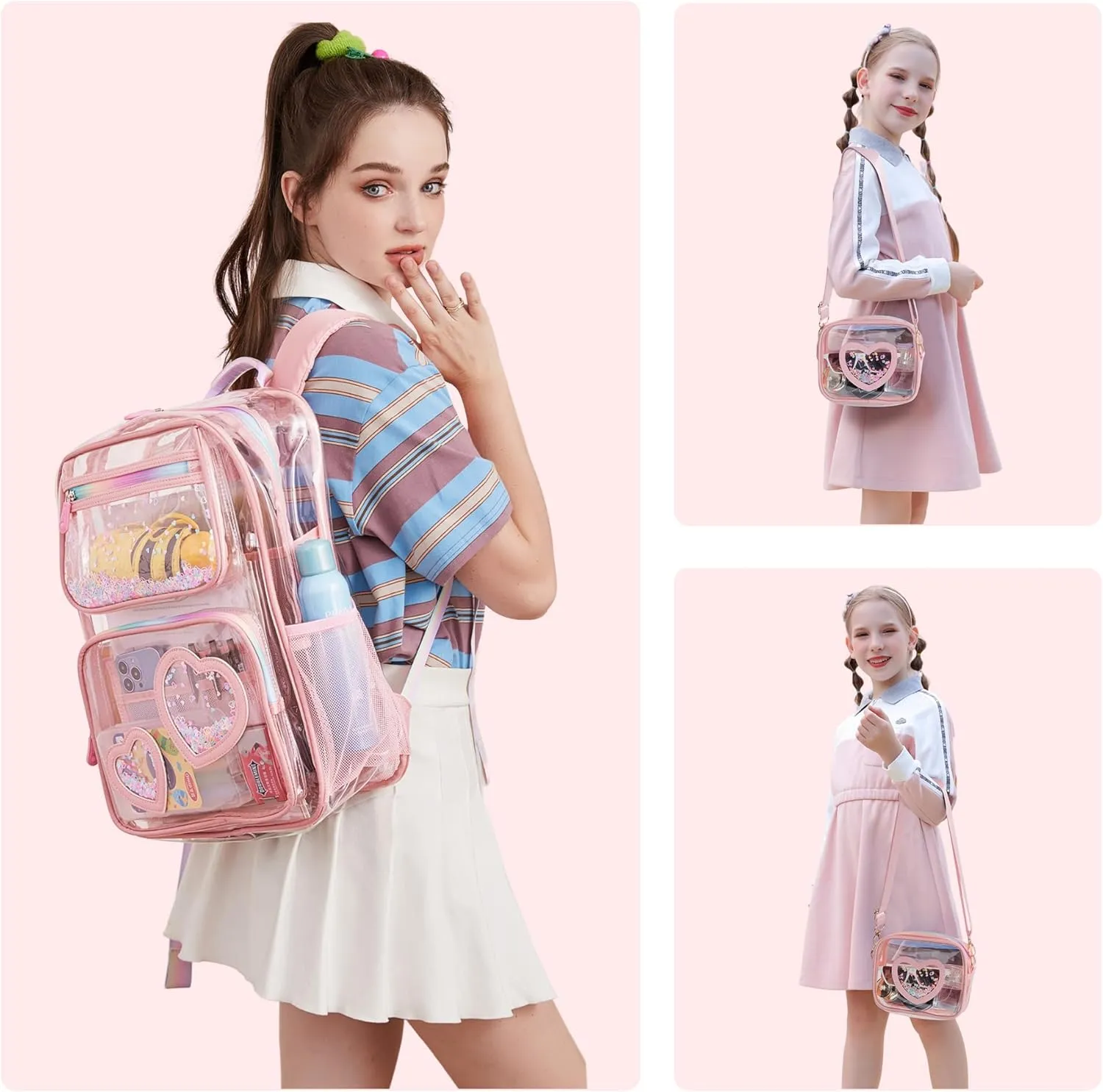 Clear Backpack for Girls,Transparent Backpacks Crossbody Bag for Kids Elementary School Student,Heavy Duty See Through Daypack 2PCS Bookbag Stadium Approved for Teen,College,Work,Travel,Concert Pink