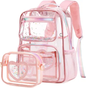 Clear Backpack for Girls,Transparent Backpacks Crossbody Bag for Kids Elementary School Student,Heavy Duty See Through Daypack 2PCS Bookbag Stadium Approved for Teen,College,Work,Travel,Concert Pink
