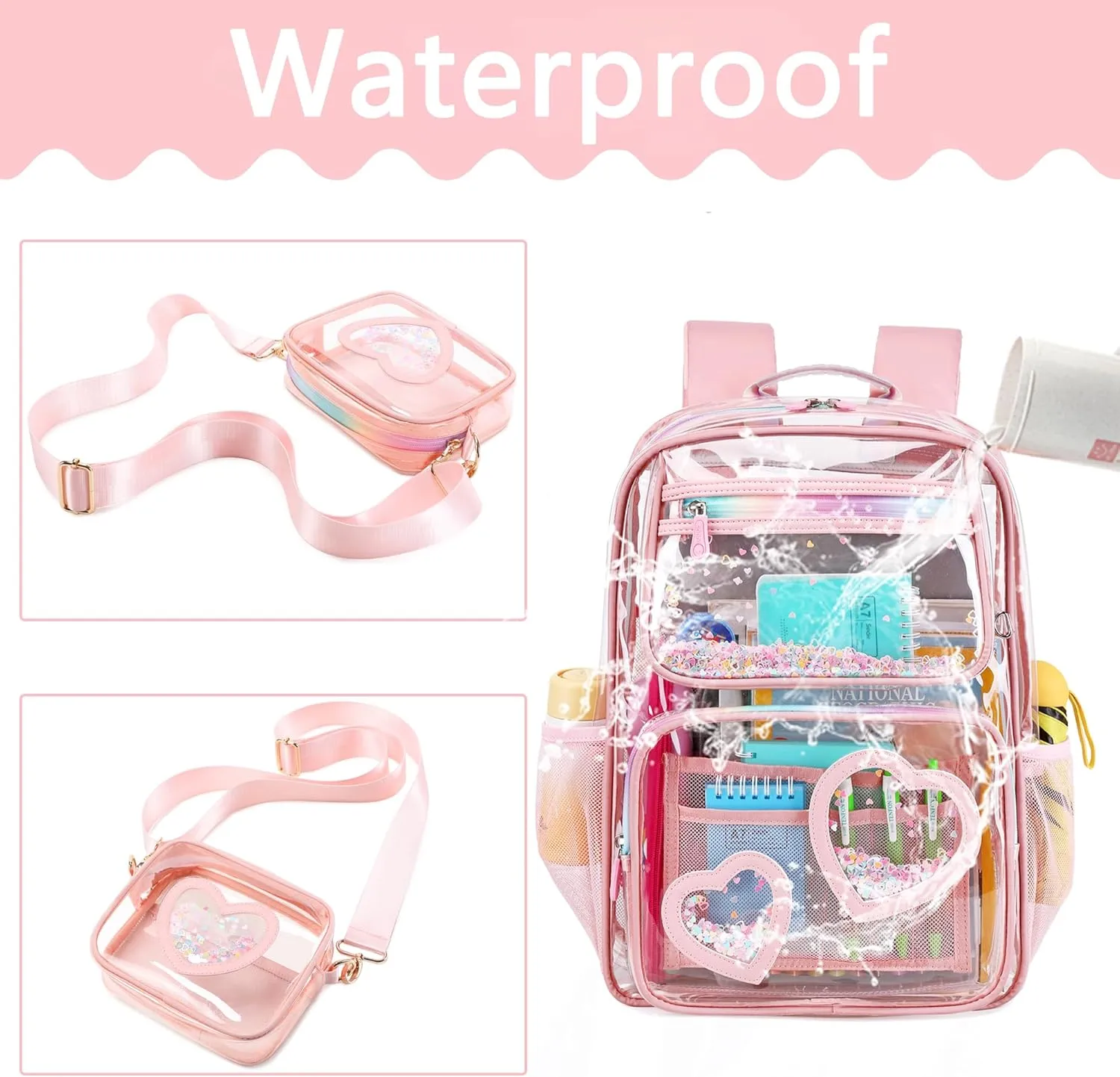 Clear Backpack for Girls,Transparent Backpacks Crossbody Bag for Kids Elementary School Student,Heavy Duty See Through Daypack 2PCS Bookbag Stadium Approved for Teen,College,Work,Travel,Concert Pink