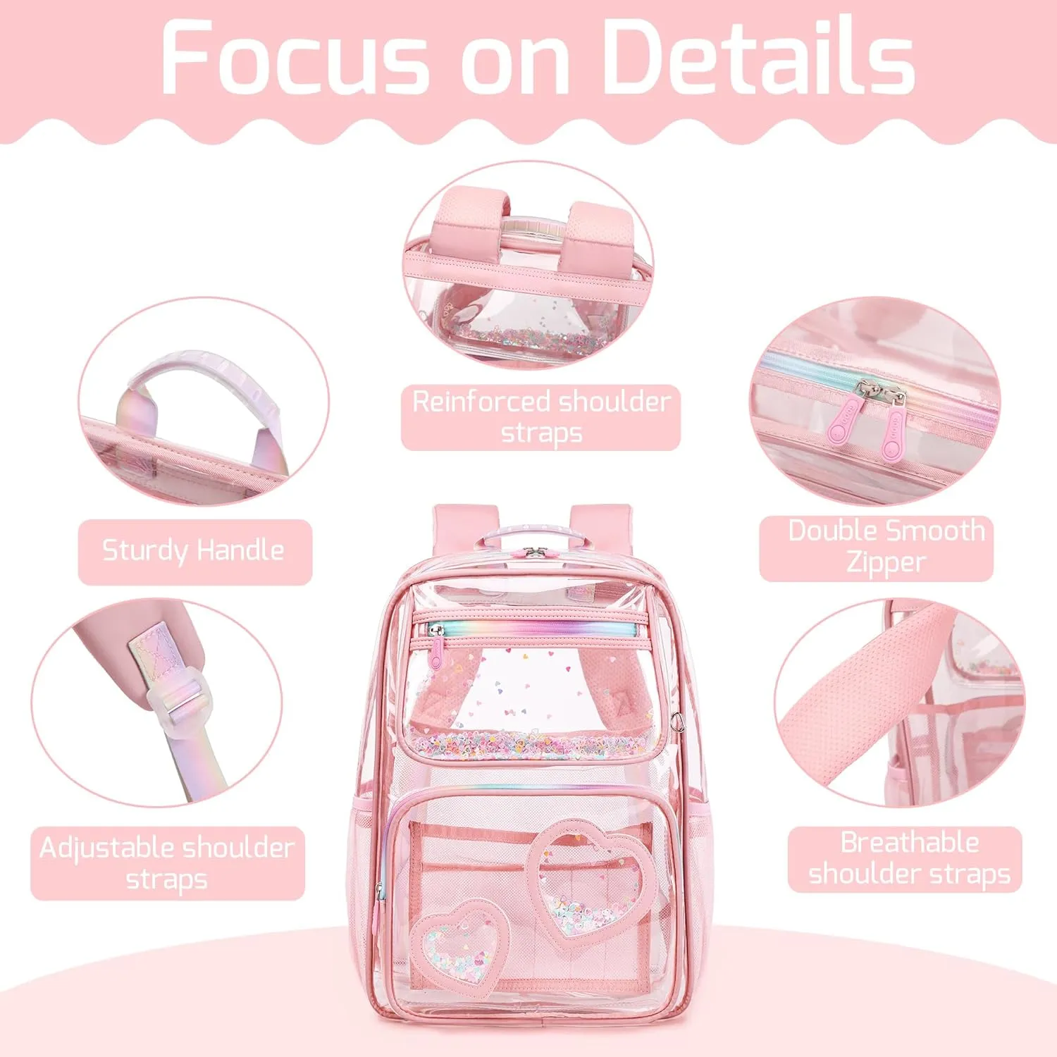 Clear Backpack for Girls,Transparent Backpacks Crossbody Bag for Kids Elementary School Student,Heavy Duty See Through Daypack 2PCS Bookbag Stadium Approved for Teen,College,Work,Travel,Concert Pink