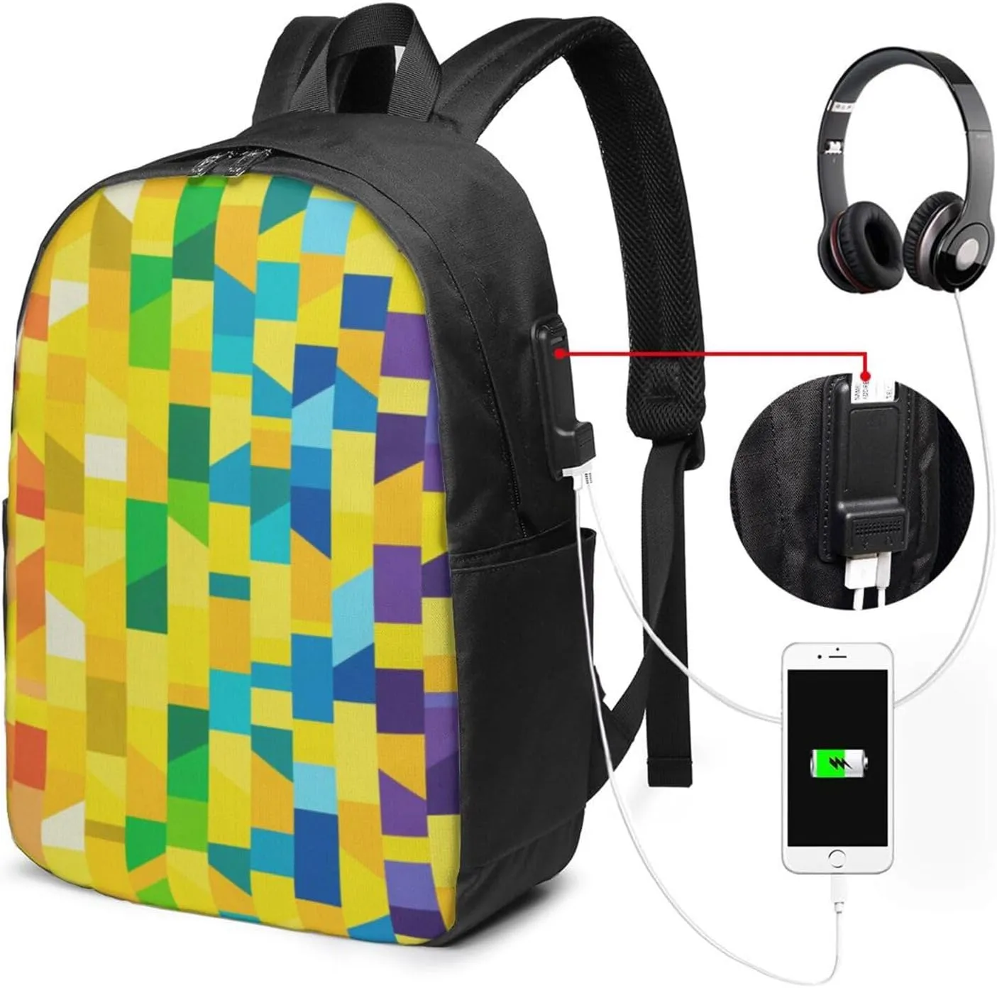 Color Grid Backpack, 17 Inch Travel Business Laptop Backpack With USB Port for Women Men