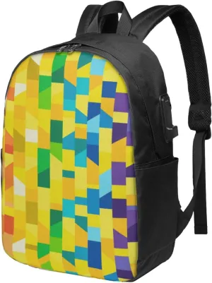 Color Grid Backpack, 17 Inch Travel Business Laptop Backpack With USB Port for Women Men