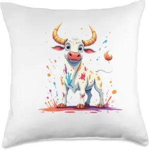 Colorful cartoon bull with splashes Throw Pillow