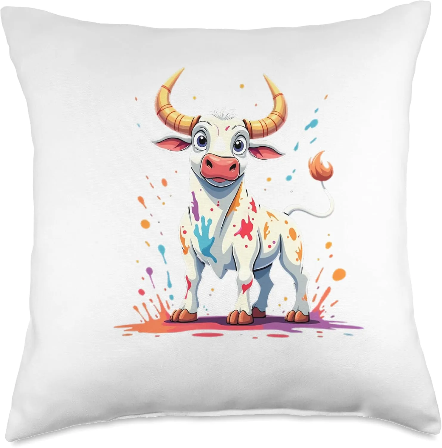 Colorful cartoon bull with splashes Throw Pillow