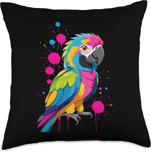 Colorful Cartoon Macaw Parrot with Paint Splashes Throw Pillow