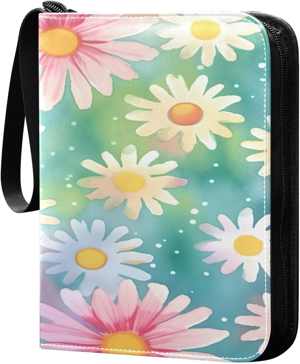 Colorful Daisy Collectible Trading Card Albums,4-Pocket Card Binder with 50 Removable Sleeves with Zipper Game Card Collection Binder Album Holder