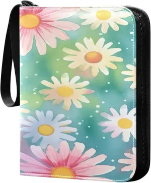 Colorful Daisy Collectible Trading Card Albums,4-Pocket Card Binder with 50 Removable Sleeves with Zipper Game Card Collection Binder Album Holder