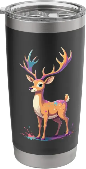 Colorful Deer Cartoon with Paint Splashes Stainless Steel Insulated Tumbler