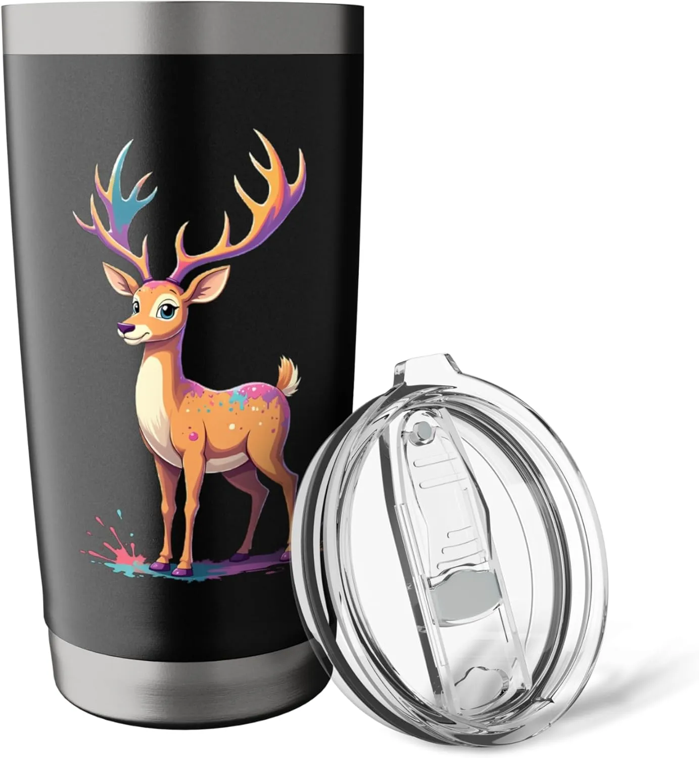 Colorful Deer Cartoon with Paint Splashes Stainless Steel Insulated Tumbler