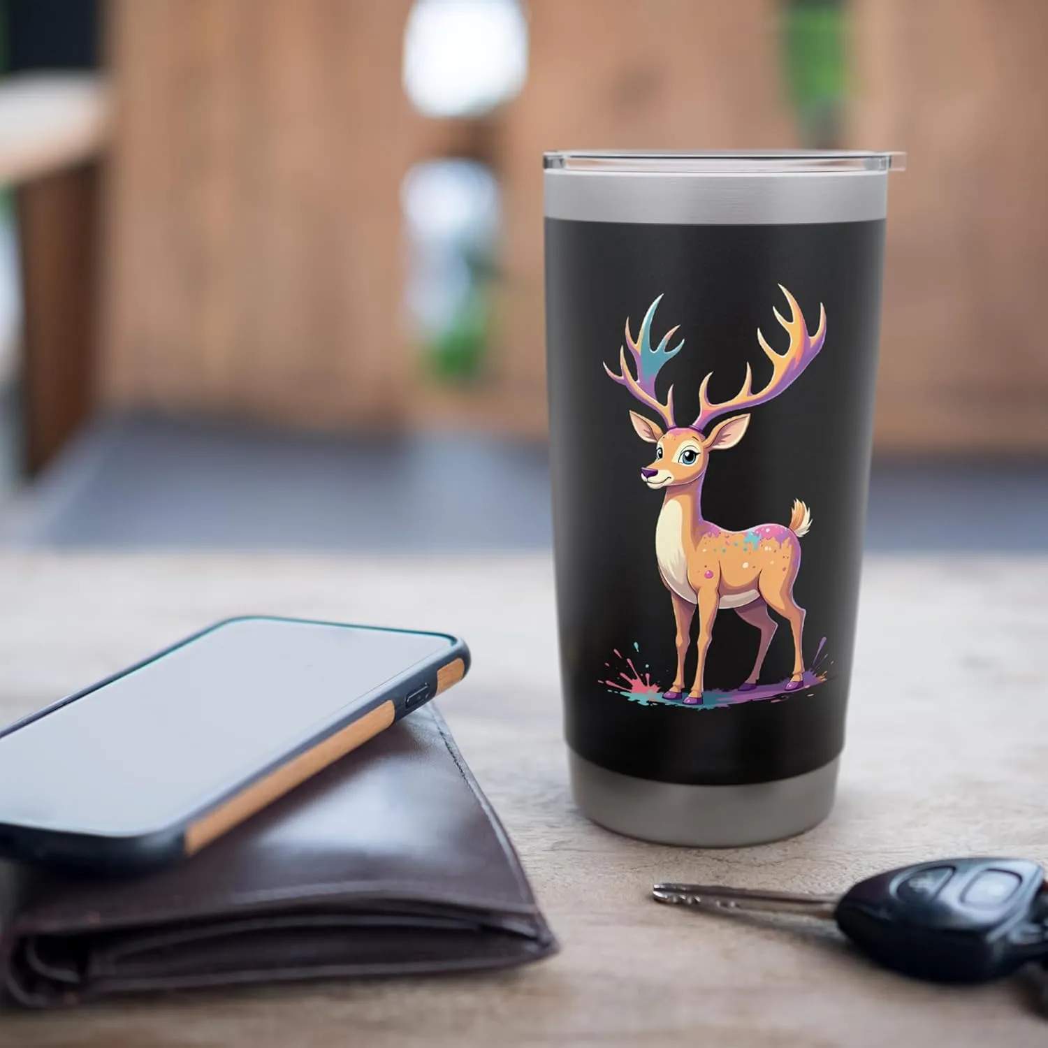Colorful Deer Cartoon with Paint Splashes Stainless Steel Insulated Tumbler