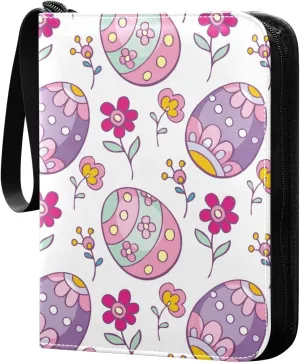 Colorful Easter Eggs Card Binder for Trading Cards, 4 Pocket with 50 Sleeves up to 400 Cards, Double Sided Pockets Card Holder Carry Case for Baseball Card, Football Card, Gaming Cards