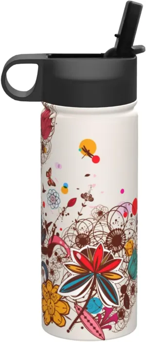 Colorful Flower Butterfl Print Flask Stainless Steel Water Bottle with Straw 18OZ FOR Outdoor Gym Commute