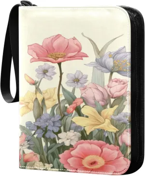 Colorful Flowers Collectible Trading Card Albums,4-Pocket Card Binder with 50 Removable Sleeves with Zipper Game Card Collection Binder Album Holder