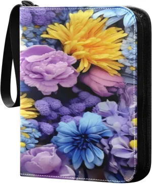 Colorful Flowers Collectible Trading Card Albums,4-Pocket Card Binder with 50 Removable Sleeves with Zipper Game Card Collection Binder Album Holder