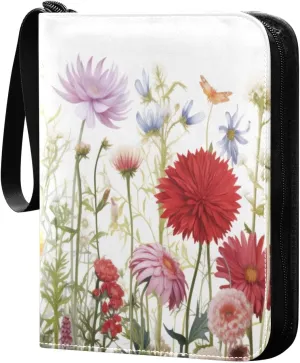 Colorful Flowers Collectible Trading Card Albums,4-Pocket Card Binder with 50 Removable Sleeves with Zipper Game Card Collection Binder Album Holder