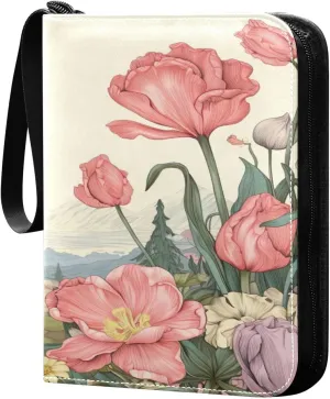 Colorful Flowers Collectible Trading Card Albums,4-Pocket Card Binder with 50 Removable Sleeves with Zipper Game Card Collection Binder Album Holder