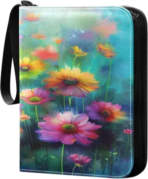 Colorful Flowers Collectible Trading Card Albums,4-Pocket Card Binder with 50 Removable Sleeves with Zipper Game Card Collection Binder Album Holder