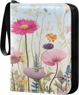 Colorful Flowers Collectible Trading Card Albums,4-Pocket Card Binder with 50 Removable Sleeves with Zipper Game Card Collection Binder Album Holder
