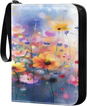 Colorful Flowers Collectible Trading Card Albums,4-Pocket Card Binder with 50 Removable Sleeves with Zipper Game Card Collection Binder Album Holder