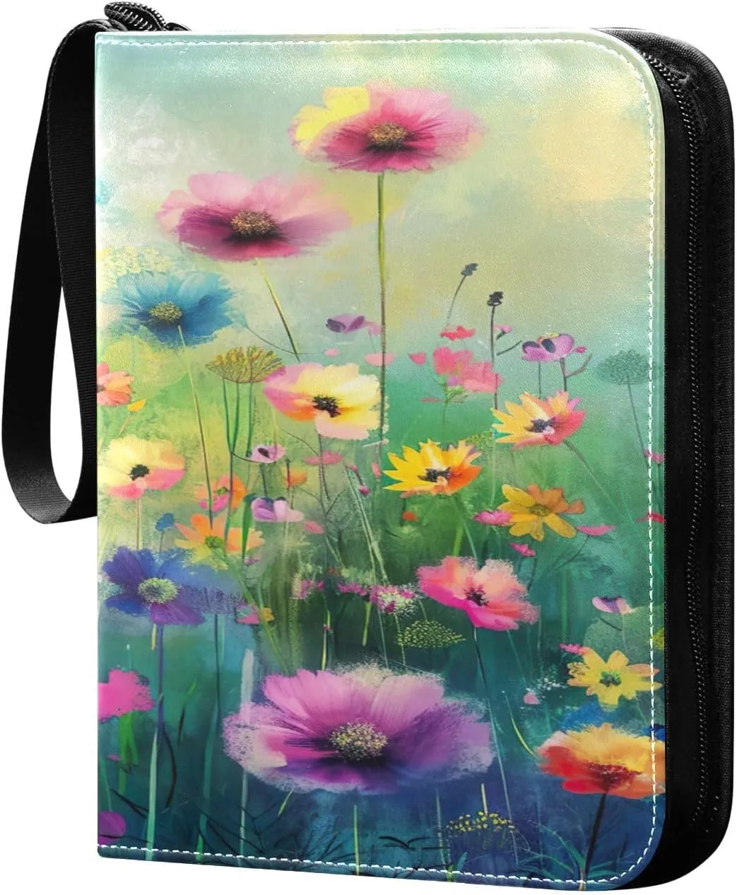 Colorful Flowers Collectible Trading Card Albums,4-Pocket Card Binder with 50 Removable Sleeves with Zipper Game Card Collection Binder Album Holder