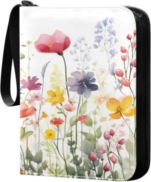 Colorful Flowers Collectible Trading Card Albums,4-Pocket Card Binder with 50 Removable Sleeves with Zipper Game Card Collection Binder Album Holder