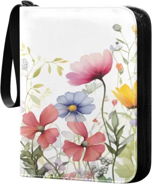 Colorful Flowers Collectible Trading Card Albums,4-Pocket Card Binder with 50 Removable Sleeves with Zipper Game Card Collection Binder Album Holder